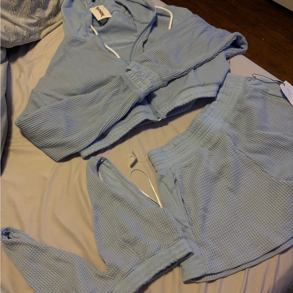 Light Blue Waffle Knit Hoodie, Sports Bra, and Shorts Set